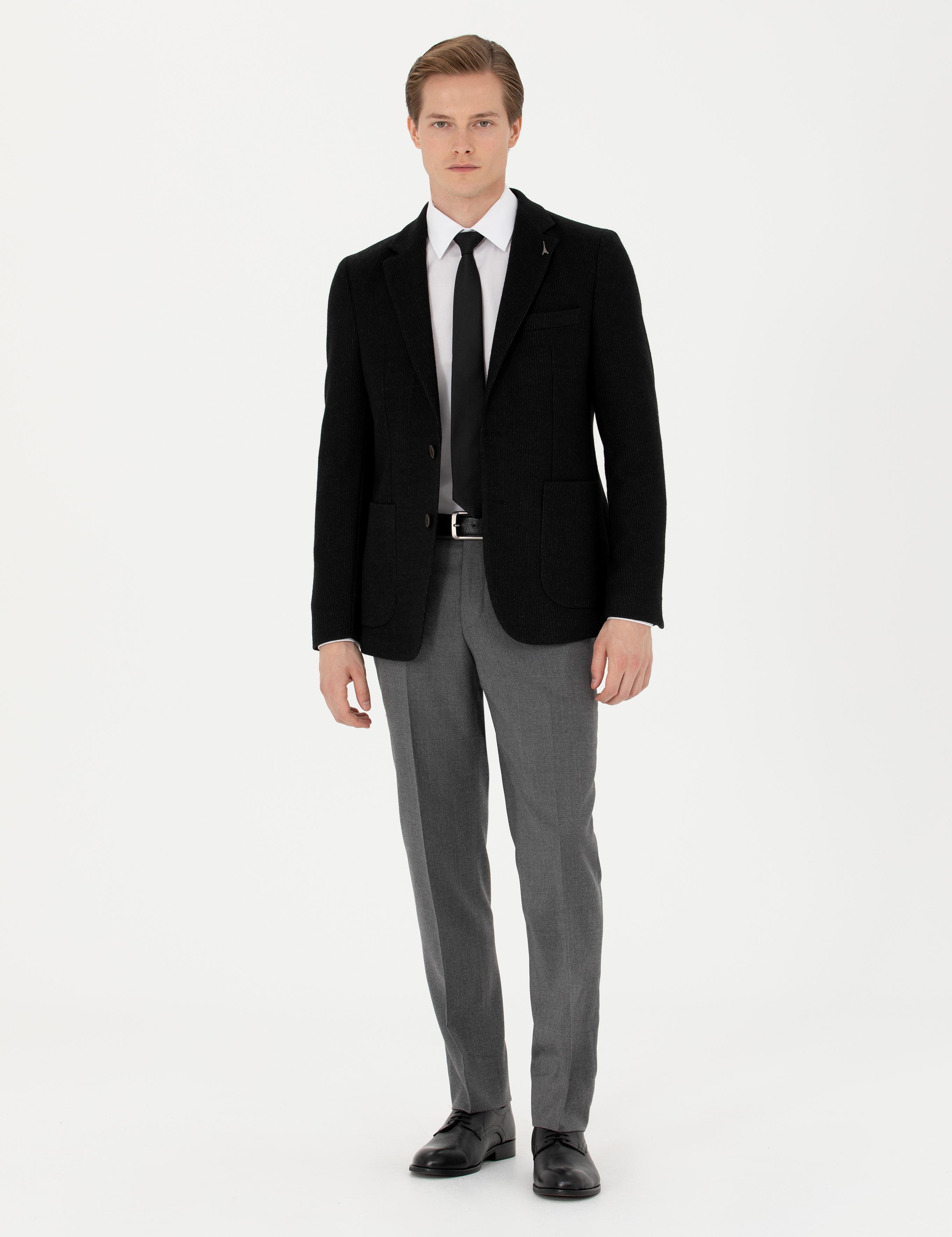 Siyah Slim Fit Yün Karışımlı Klasik Ceket - 50272714089