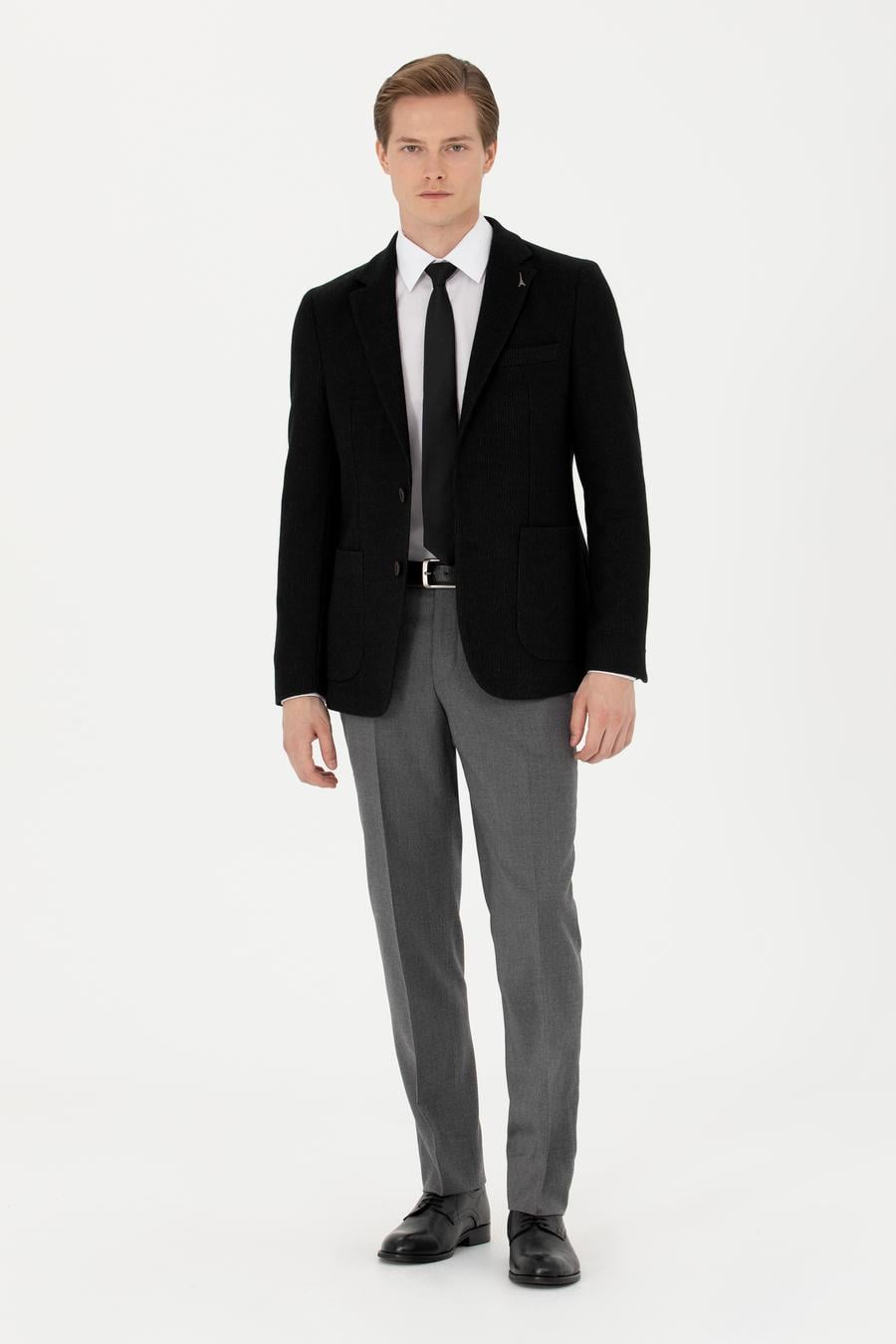 Siyah Slim Fit Yün Karışımlı Klasik Ceket - 50272714089