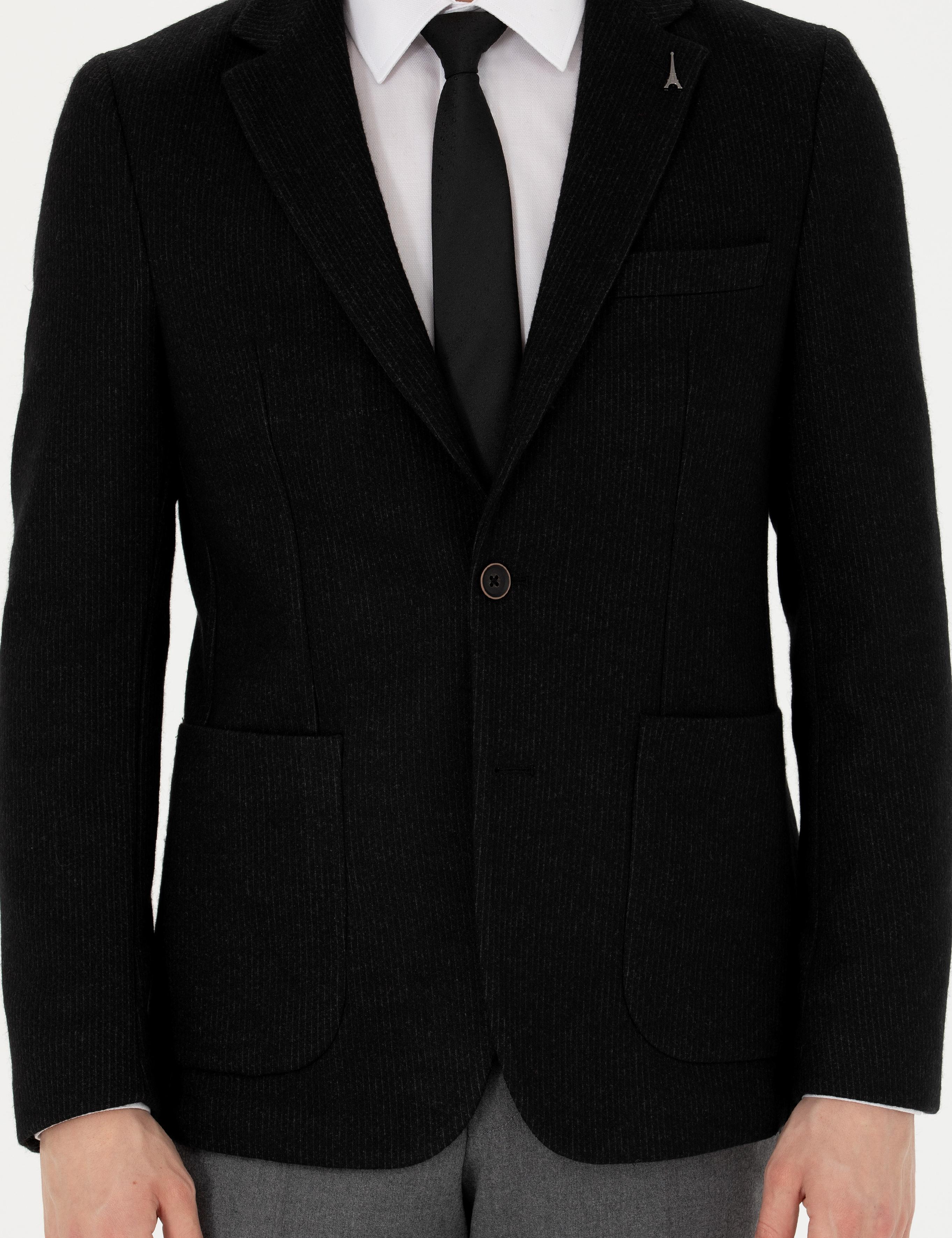 Siyah Slim Fit Yün Karışımlı Klasik Ceket - 50272714089