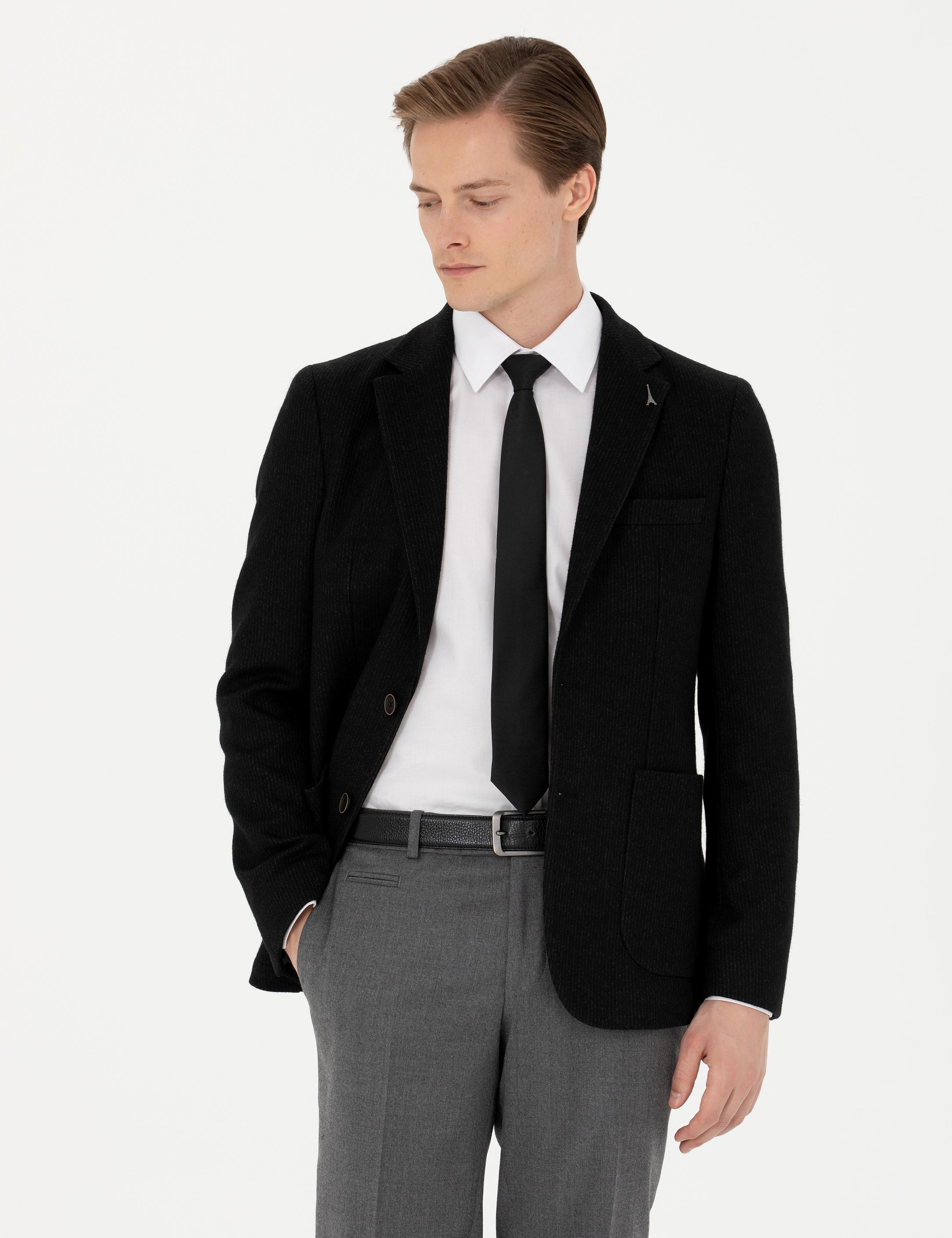 Siyah Slim Fit Yün Karışımlı Klasik Ceket - 50272714089