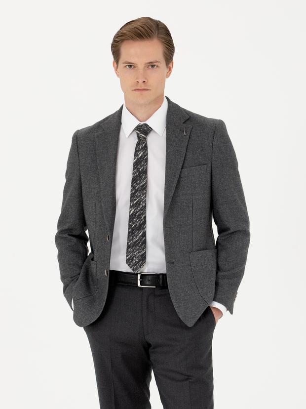 Antrasit Slim Fit Yün Karışımlı Spor Ceket