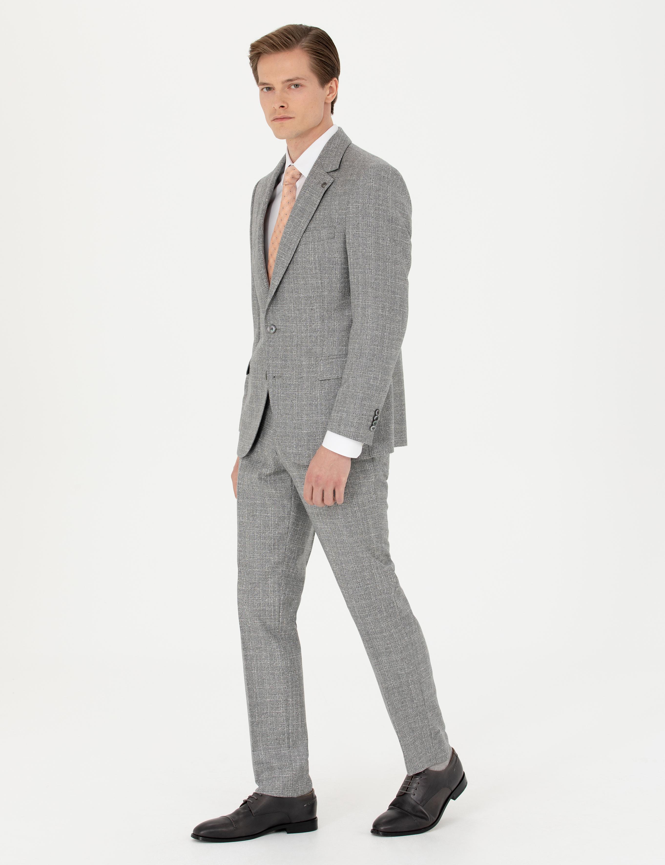 Gri Slim Fit %100 Yün Mikro Desenli Takım Elbise - 50272638011