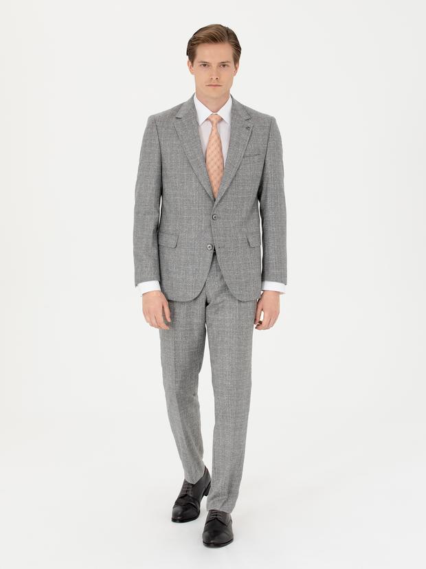 Gri Slim Fit %100 Yün Mikro Desenli Takım Elbise