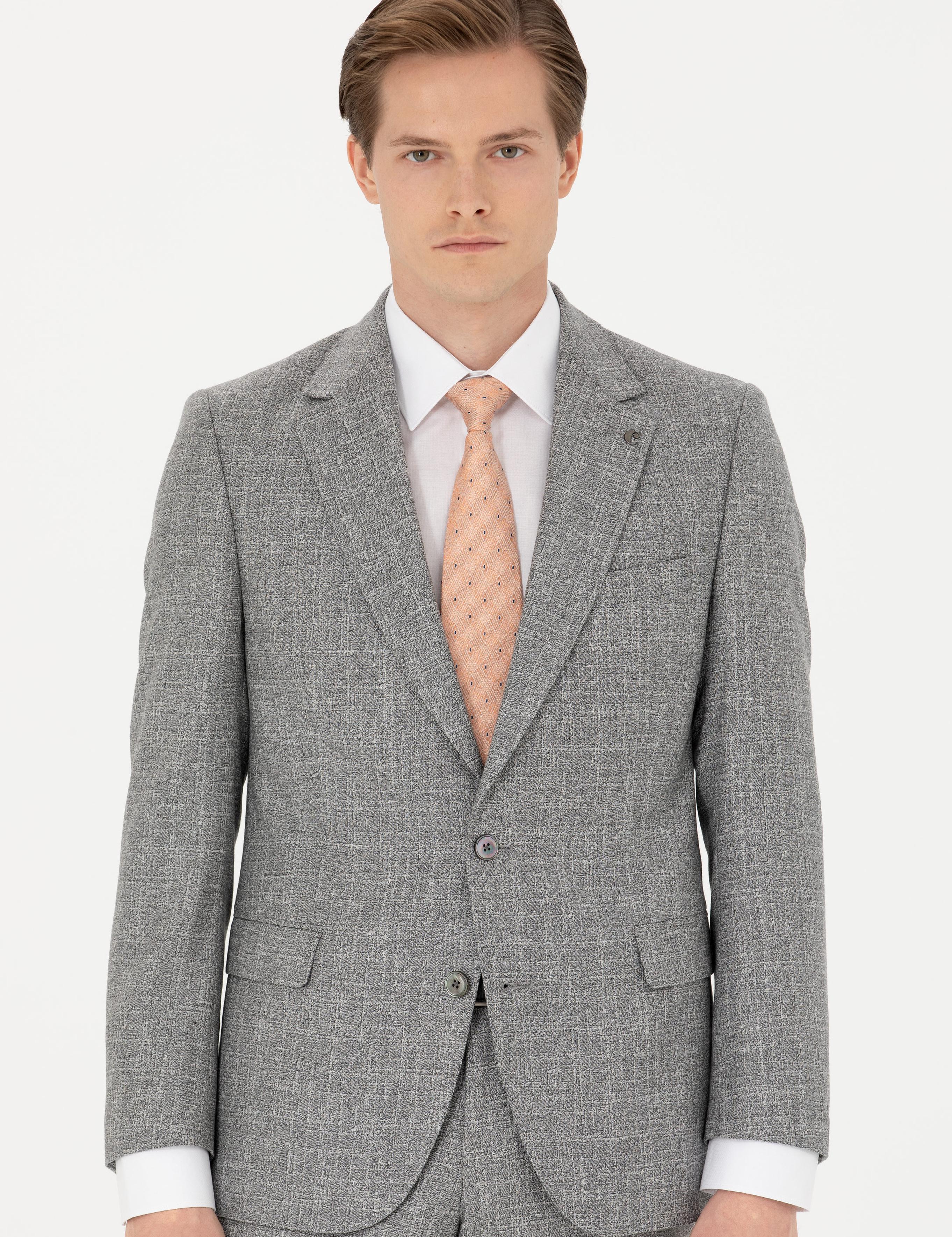 Gri Slim Fit %100 Yün Mikro Desenli Takım Elbise - 50272638011