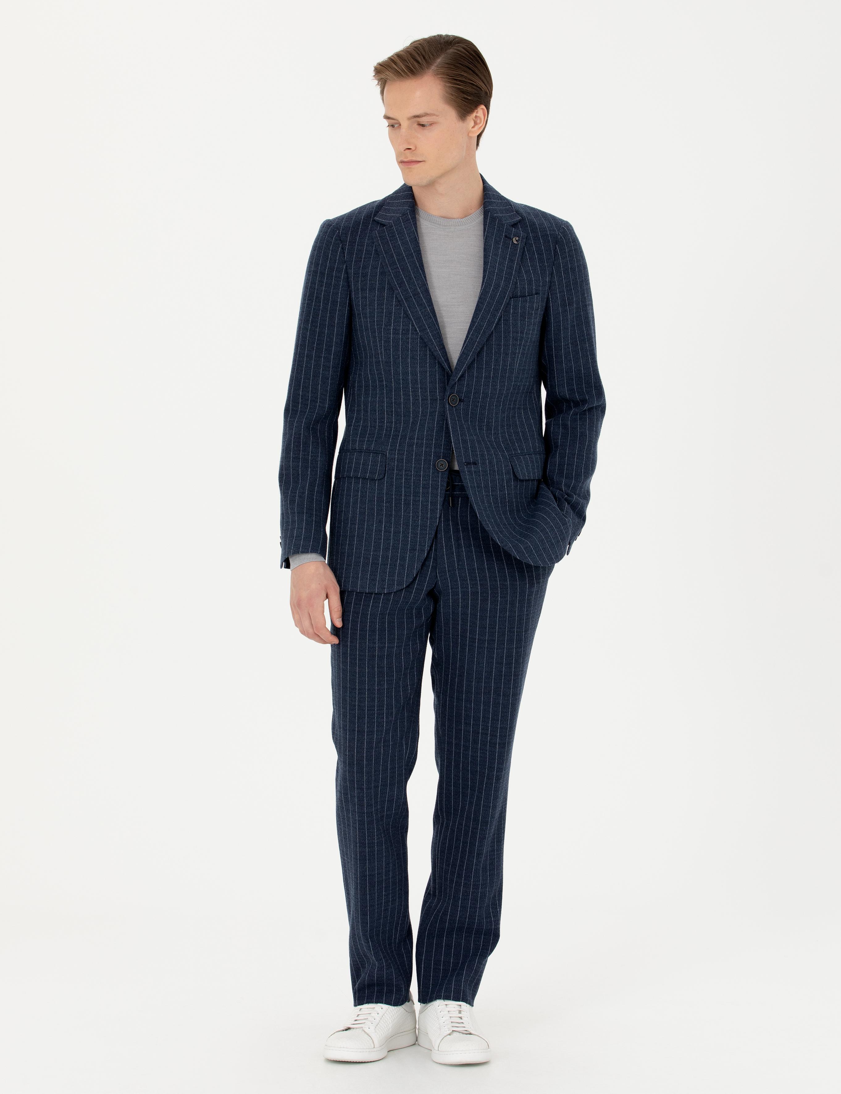 Lacivert Slim Fit Yün Karışımlı Çizgili Kumaş Pantolon - 50273654002