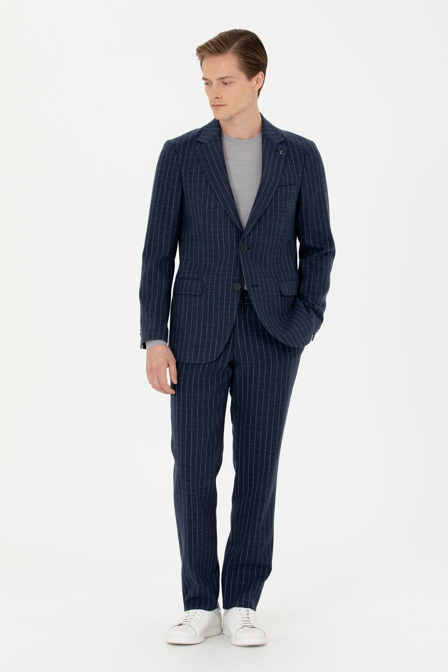 Lacivert Slim Fit Yün Karışımlı Çizgili Kumaş Pantolon - 50273654002