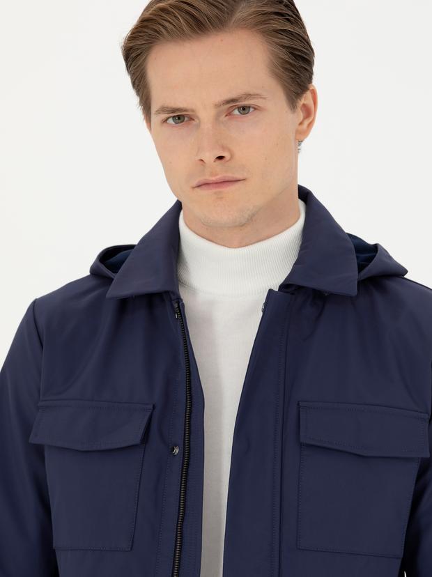 Lacivert Kapüşonlu Slim Fit Mont