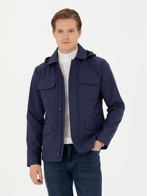 Lacivert Kapüşonlu Slim Fit Mont