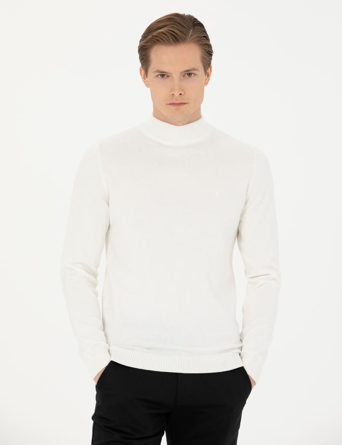 Ekru Slim Fit Yarım Balıkçı Basic Triko Kazak