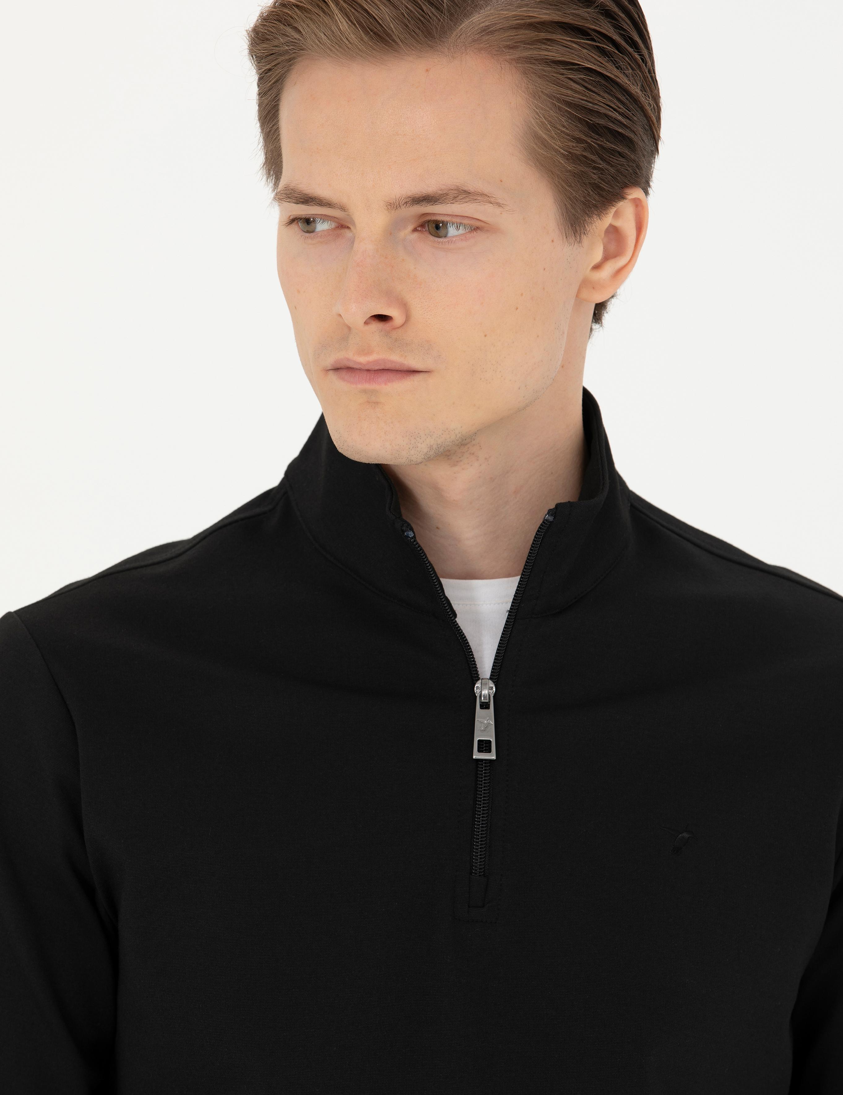 Siyah Regular Fit Yarım Fermuarlı Cepli Sweatshirt - 50276174005