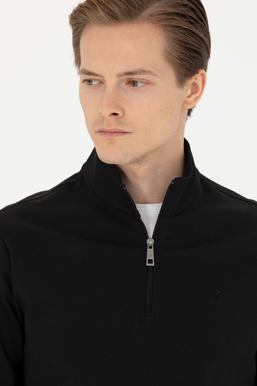 Siyah Regular Fit Yarım Fermuarlı Cepli Sweatshirt - 50276174005