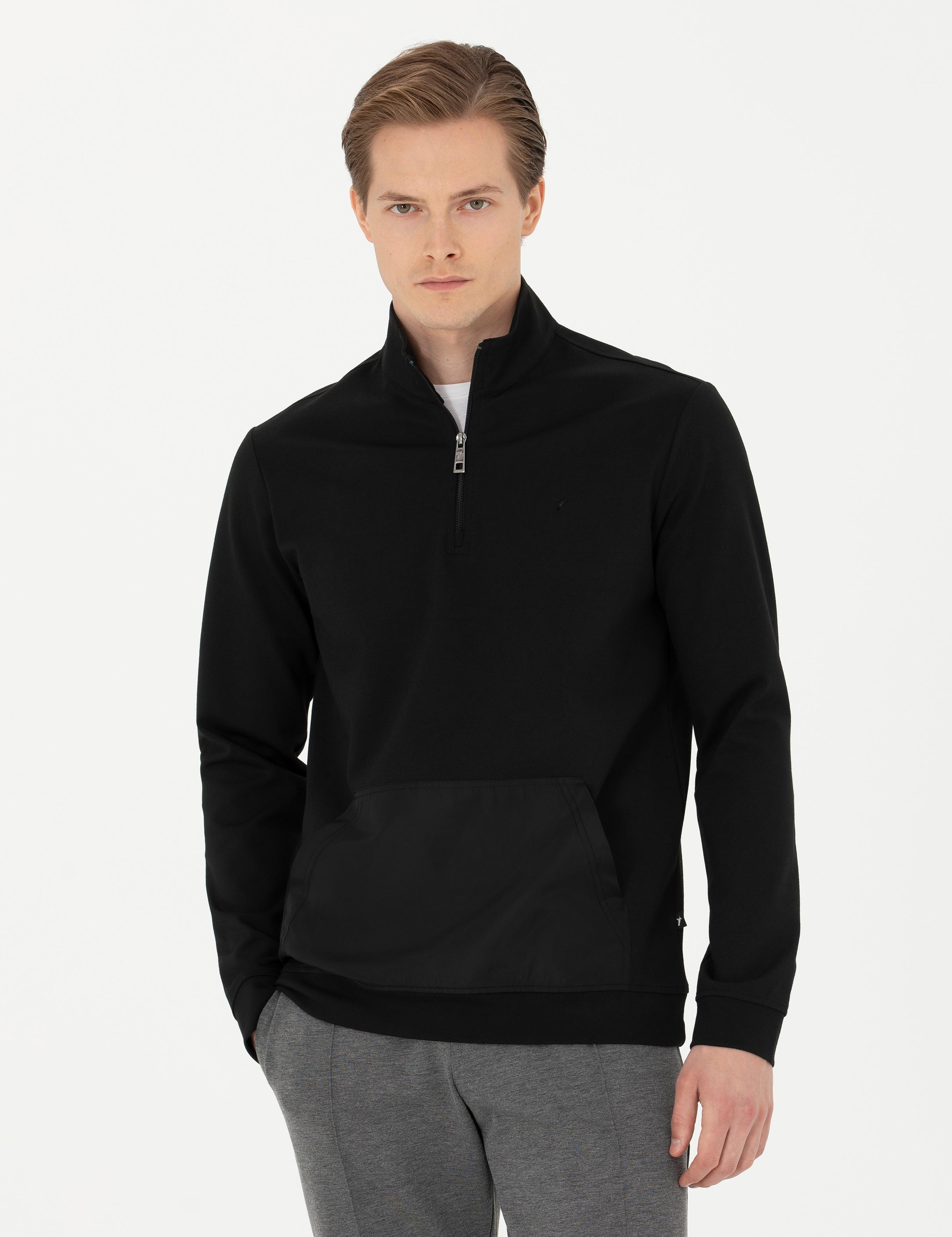 Siyah Regular Fit Yarım Fermuarlı Cepli Sweatshirt - 50276174005