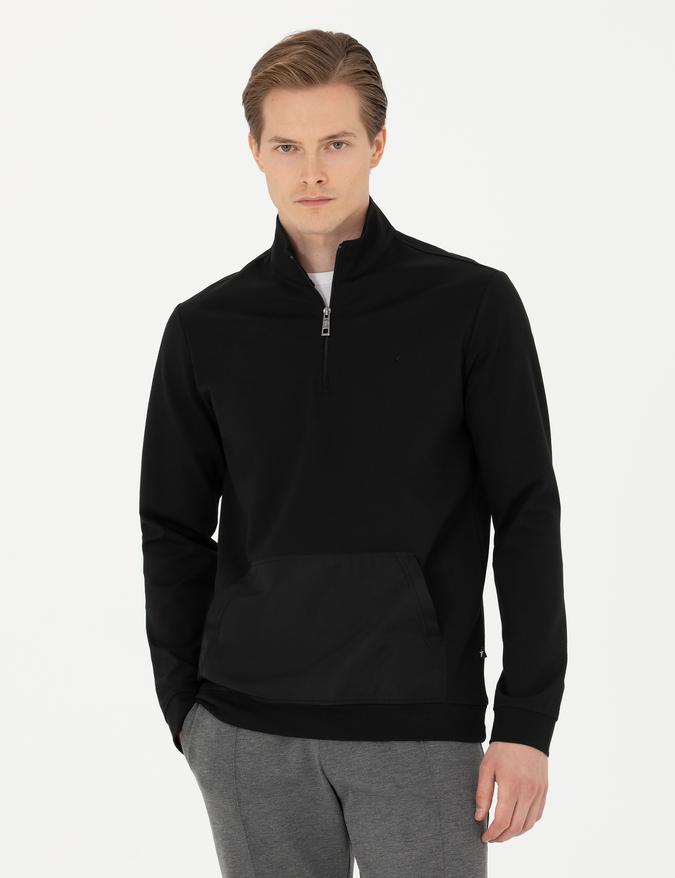 Siyah Regular Fit Yarım Fermuarlı Cepli Sweatshirt
