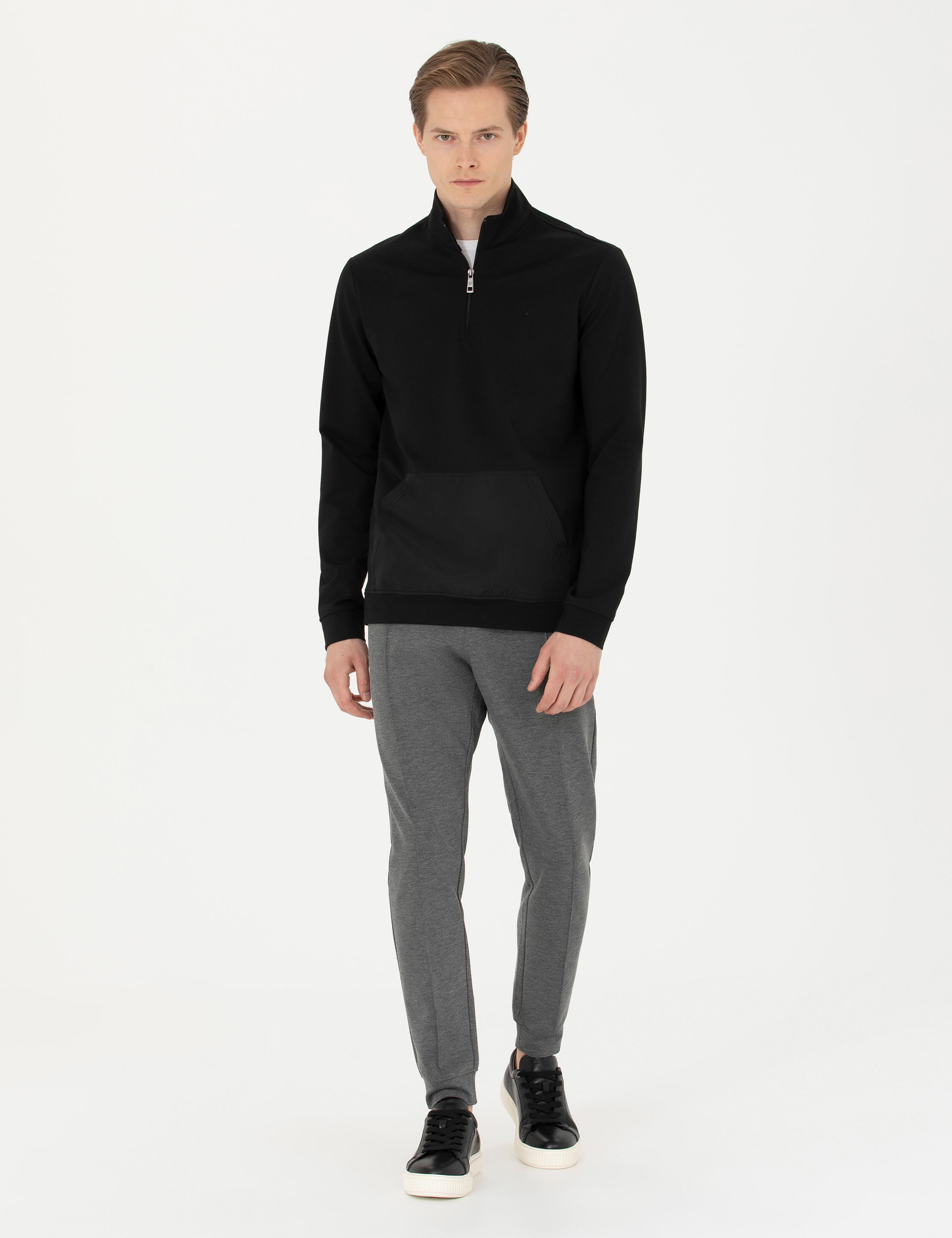 Siyah Regular Fit Yarım Fermuarlı Cepli Sweatshirt - 50276174005