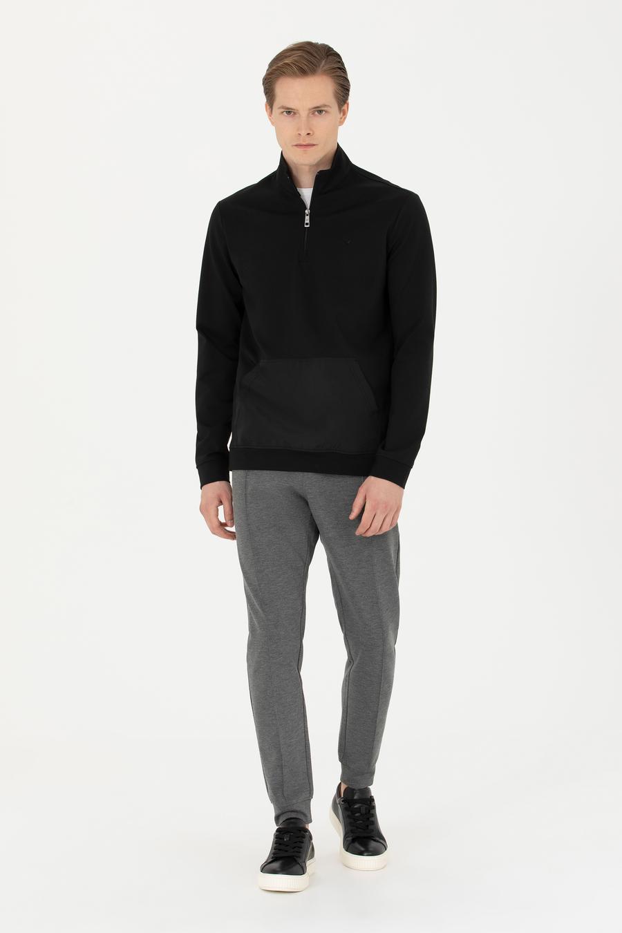 Siyah Regular Fit Yarım Fermuarlı Cepli Sweatshirt - 50276174005