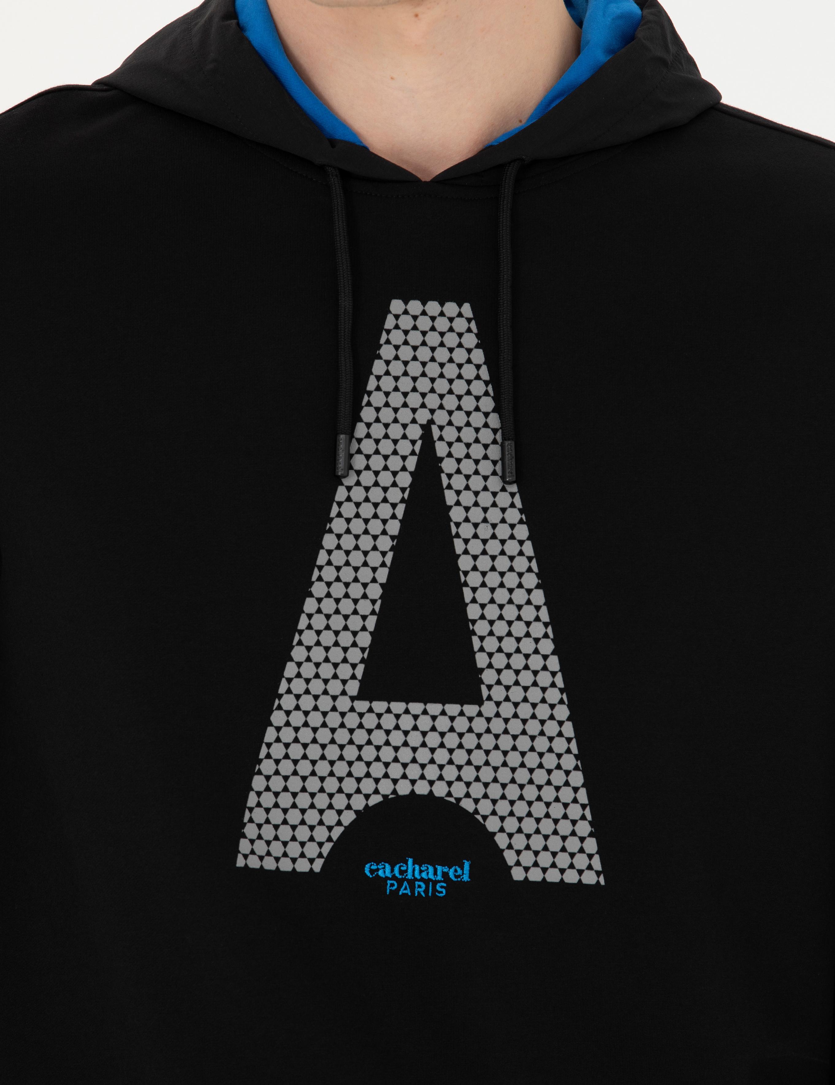 Siyah Regular Fit Pamuk Karışımlı Kapüşonlu Sweatshirt - 50272525019