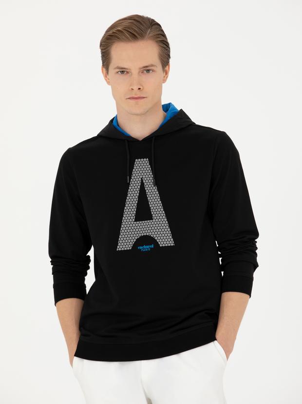 Siyah Regular Fit Pamuk Karışımlı Kapüşonlu Sweatshirt