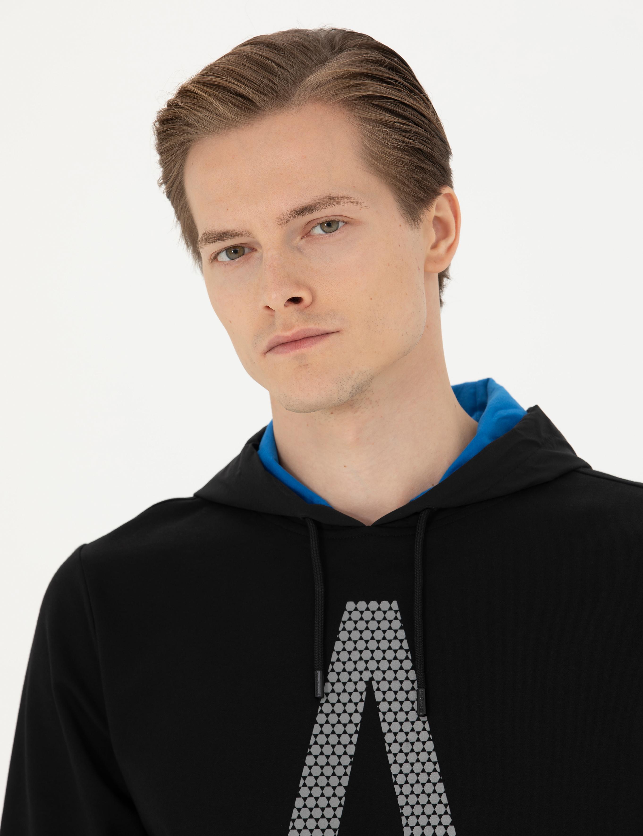 Siyah Regular Fit Pamuk Karışımlı Kapüşonlu Sweatshirt - 50272525019