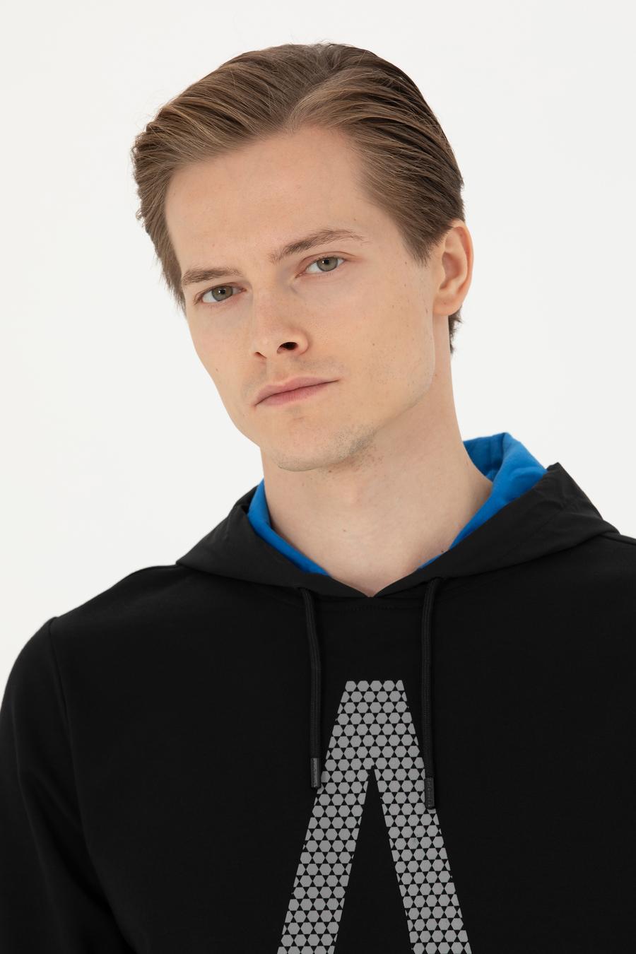 Siyah Regular Fit Pamuk Karışımlı Kapüşonlu Sweatshirt - 50272525019