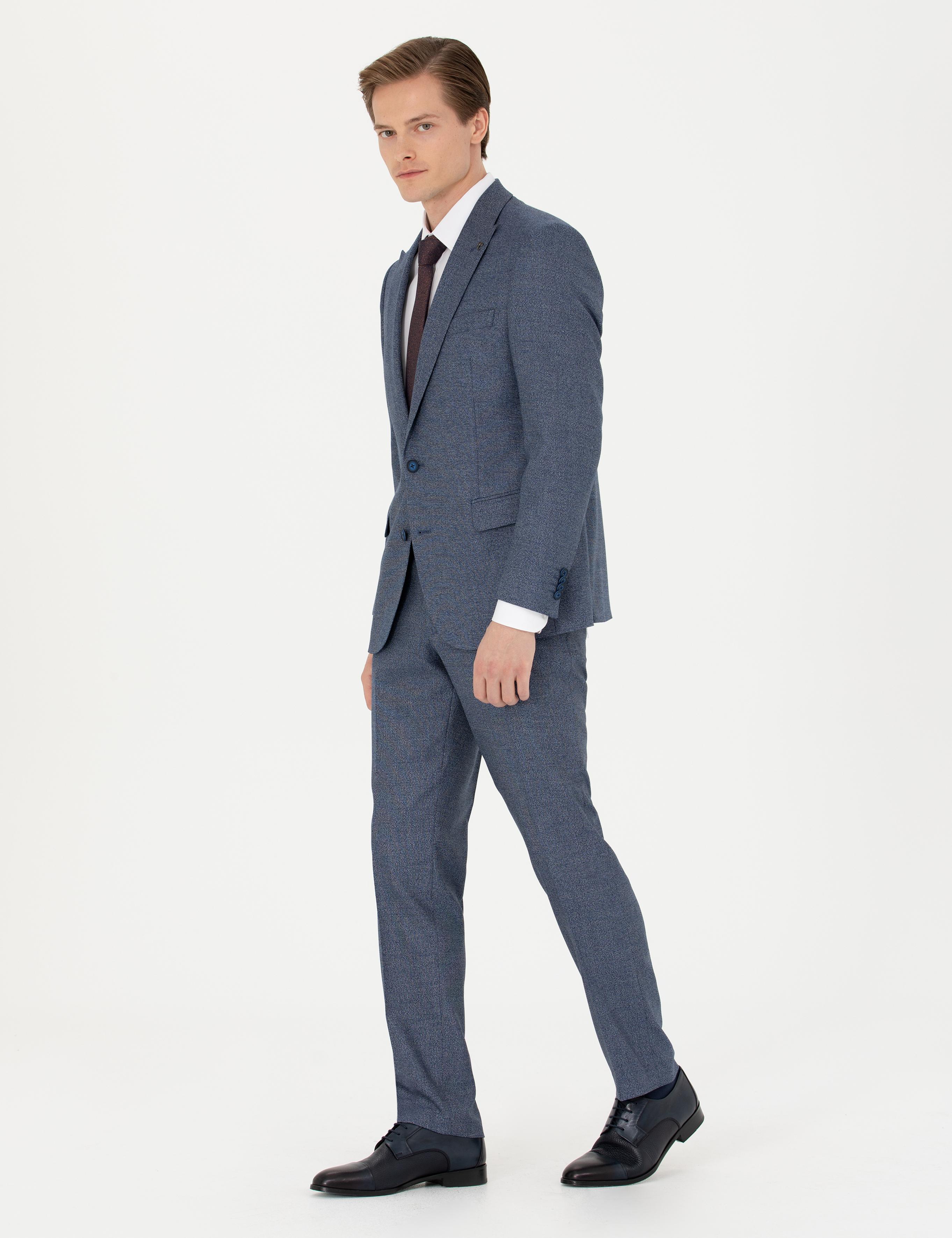 Lacivert Slim Fit Mikro Desenli Kırlangıç Yaka Takım Elbise - 50277979009