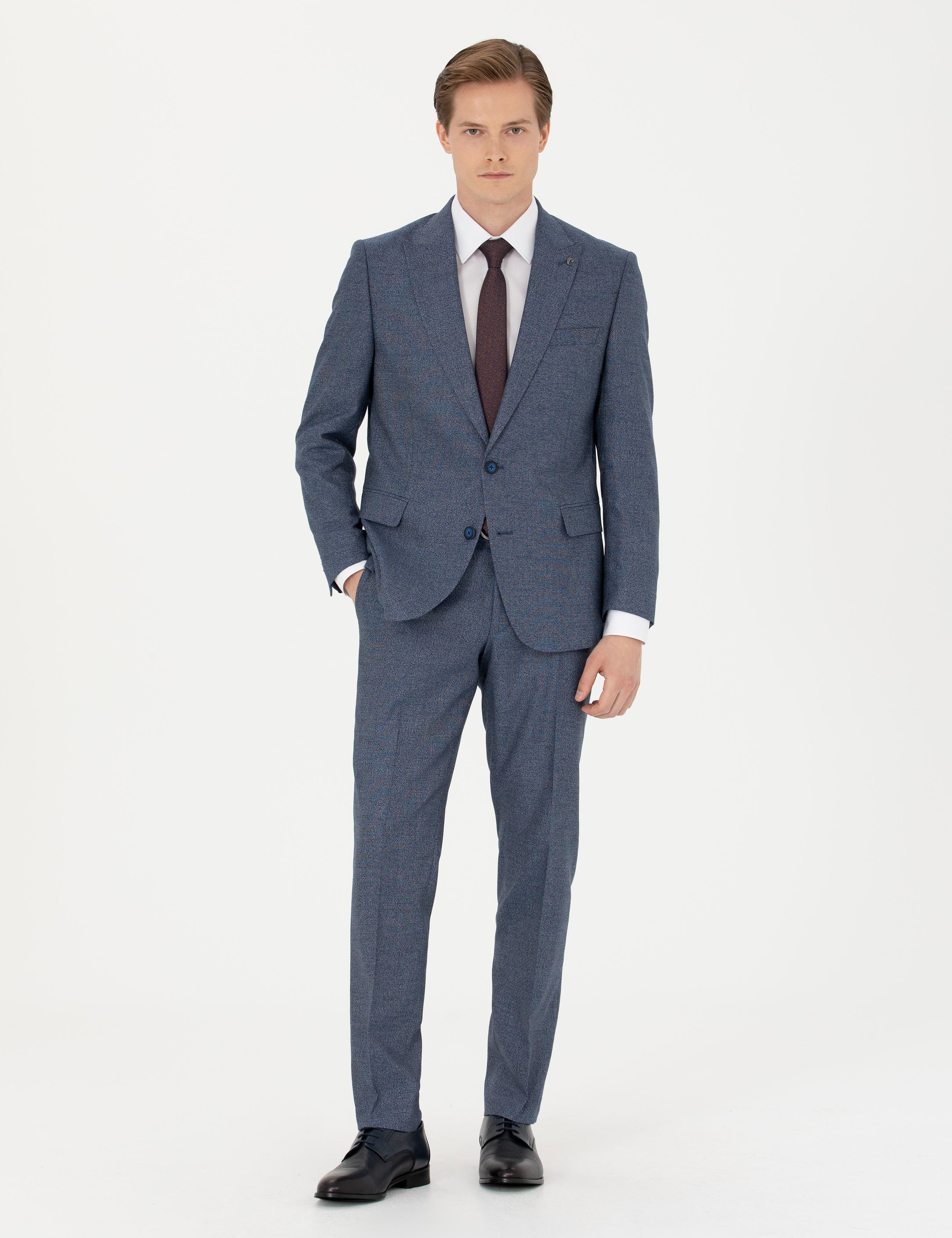 Lacivert Slim Fit Mikro Desenli Kırlangıç Yaka Takım Elbise - 50277979009