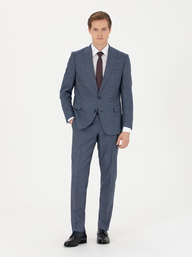 Lacivert Slim Fit Mikro Desenli Kırlangıç Yaka Takım Elbise