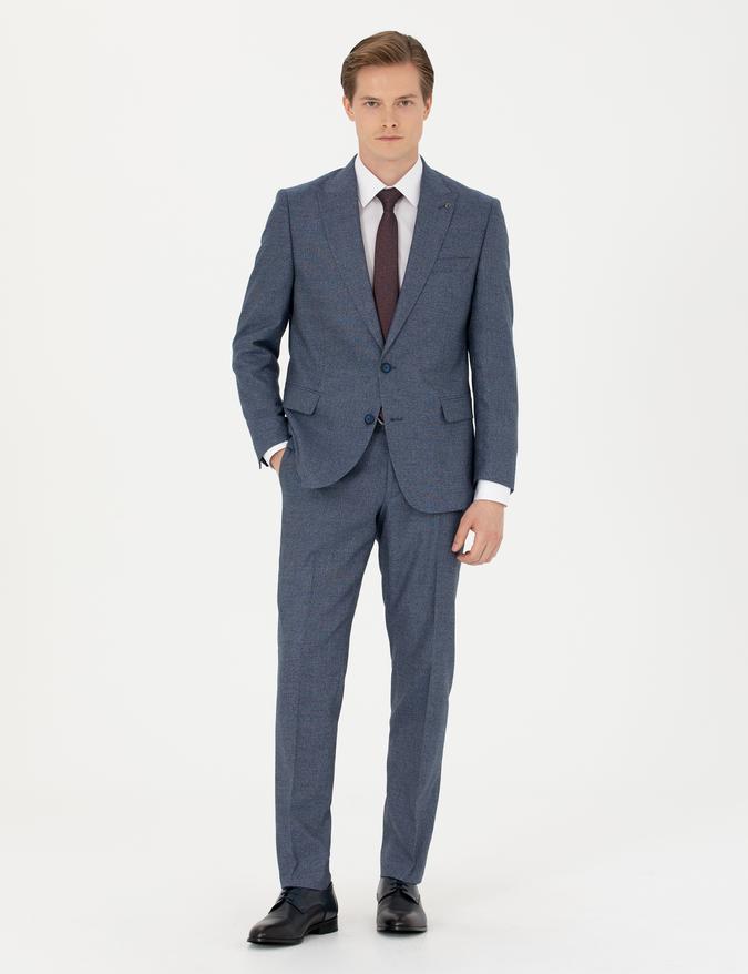 Lacivert Slim Fit Mikro Desenli Kırlangıç Yaka Takım Elbise