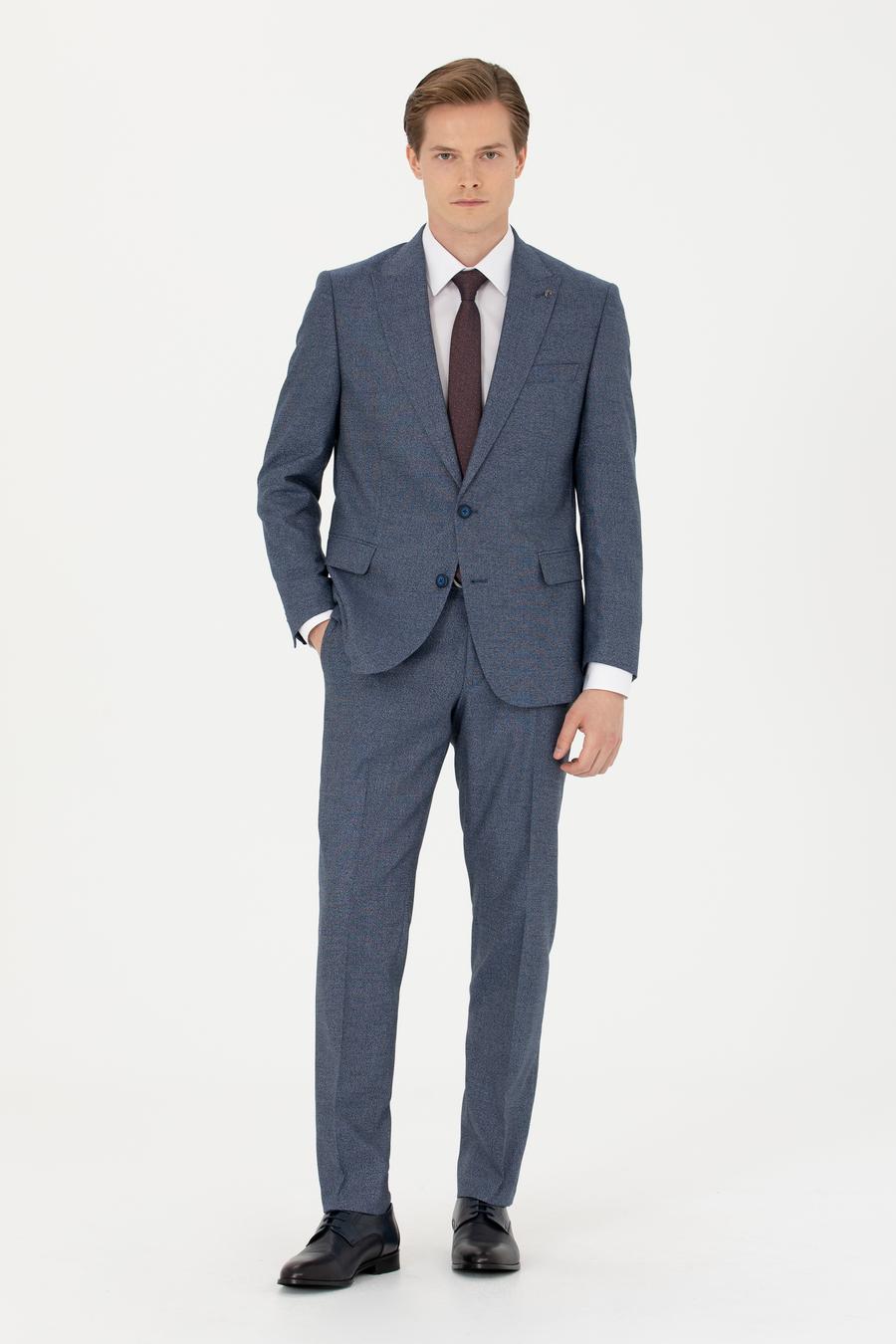 Lacivert Slim Fit Mikro Desenli Kırlangıç Yaka Takım Elbise - 50277979009