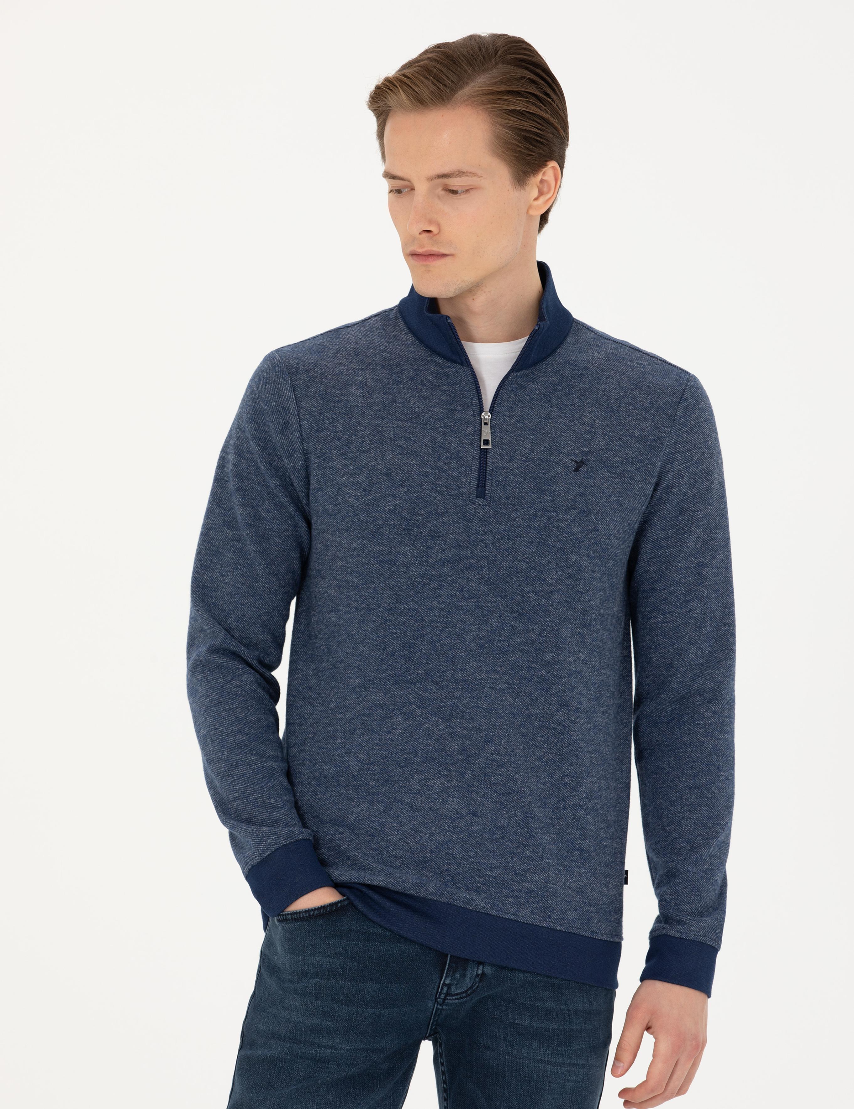 Lacivert Slim Fit Pamuk Karışımlı Yarım Fermuarlı Sweatshirt - 50275568041