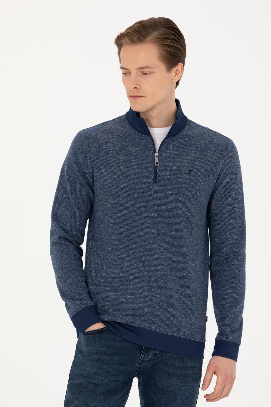Lacivert Slim Fit Pamuk Karışımlı Yarım Fermuarlı Sweatshirt - 50275568041