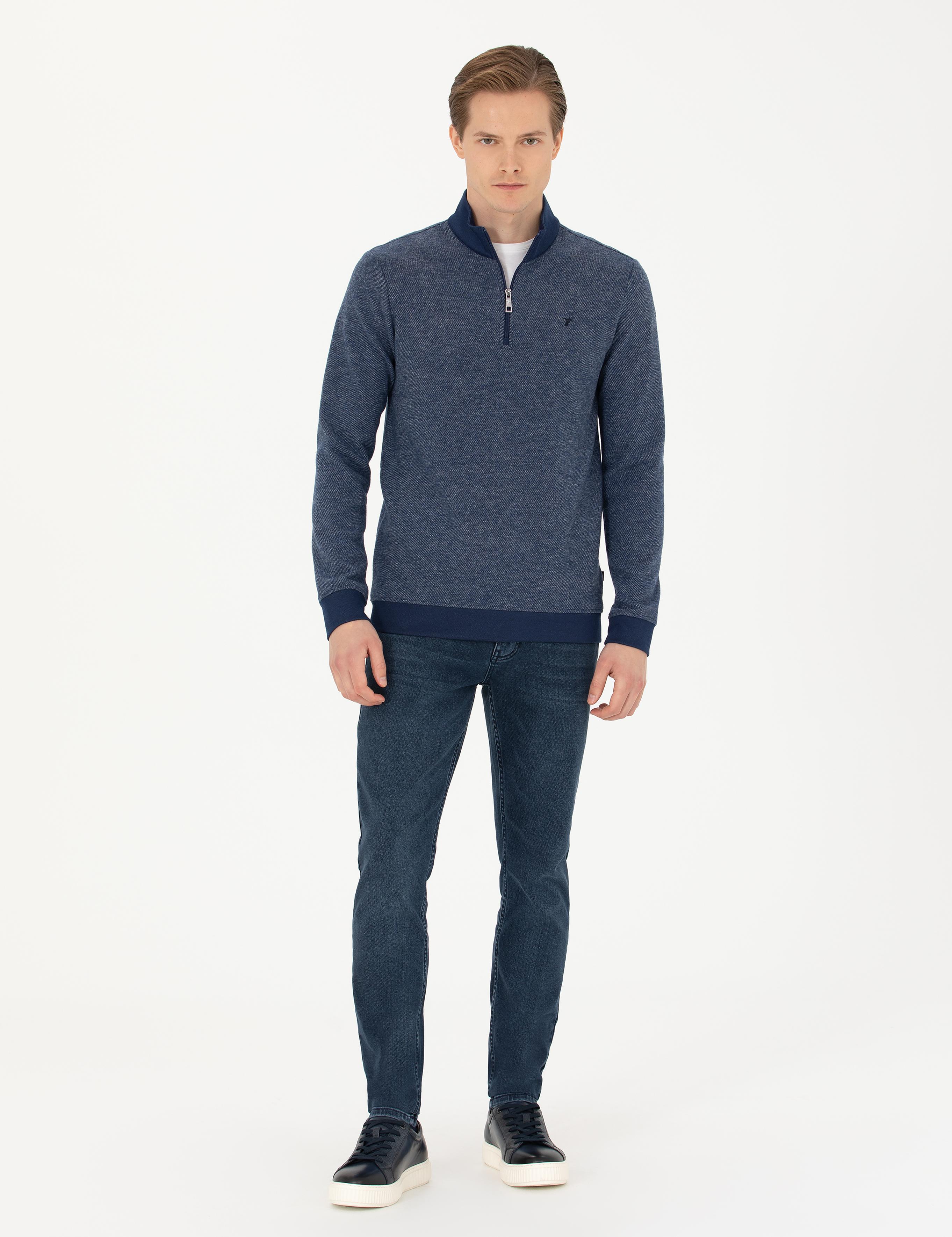 Lacivert Slim Fit Pamuk Karışımlı Yarım Fermuarlı Sweatshirt - 50275568041