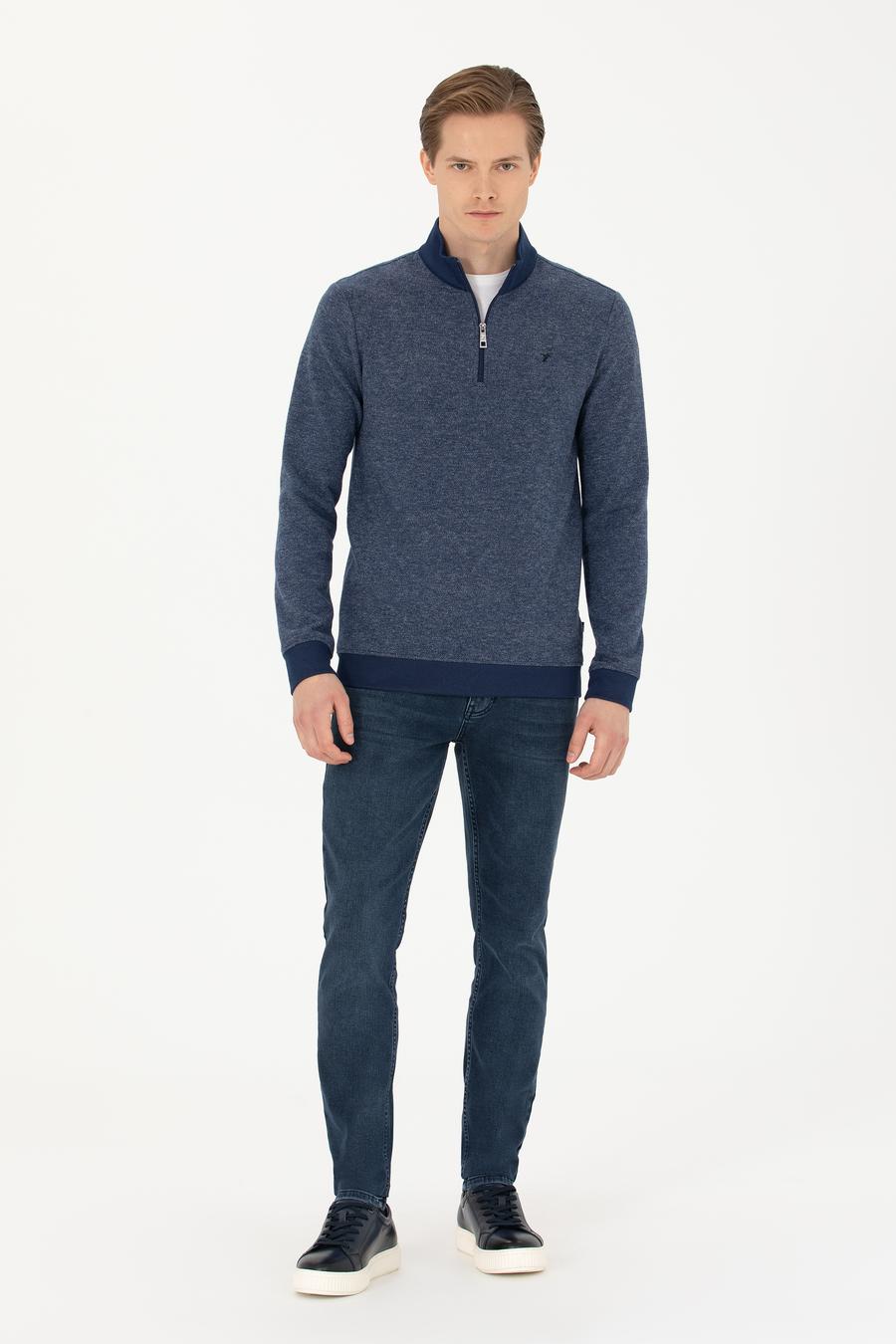 Lacivert Slim Fit Pamuk Karışımlı Yarım Fermuarlı Sweatshirt - 50275568041
