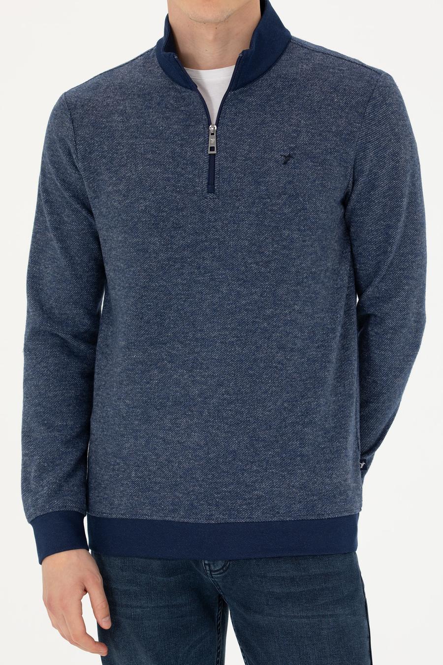 Lacivert Slim Fit Pamuk Karışımlı Yarım Fermuarlı Sweatshirt - 50275568041