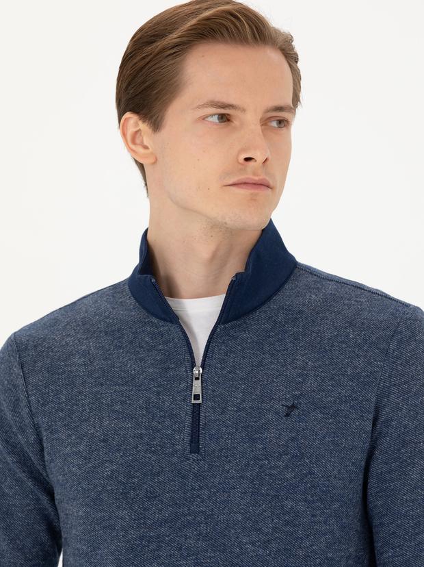 Lacivert Slim Fit Pamuk Karışımlı Yarım Fermuarlı Sweatshirt