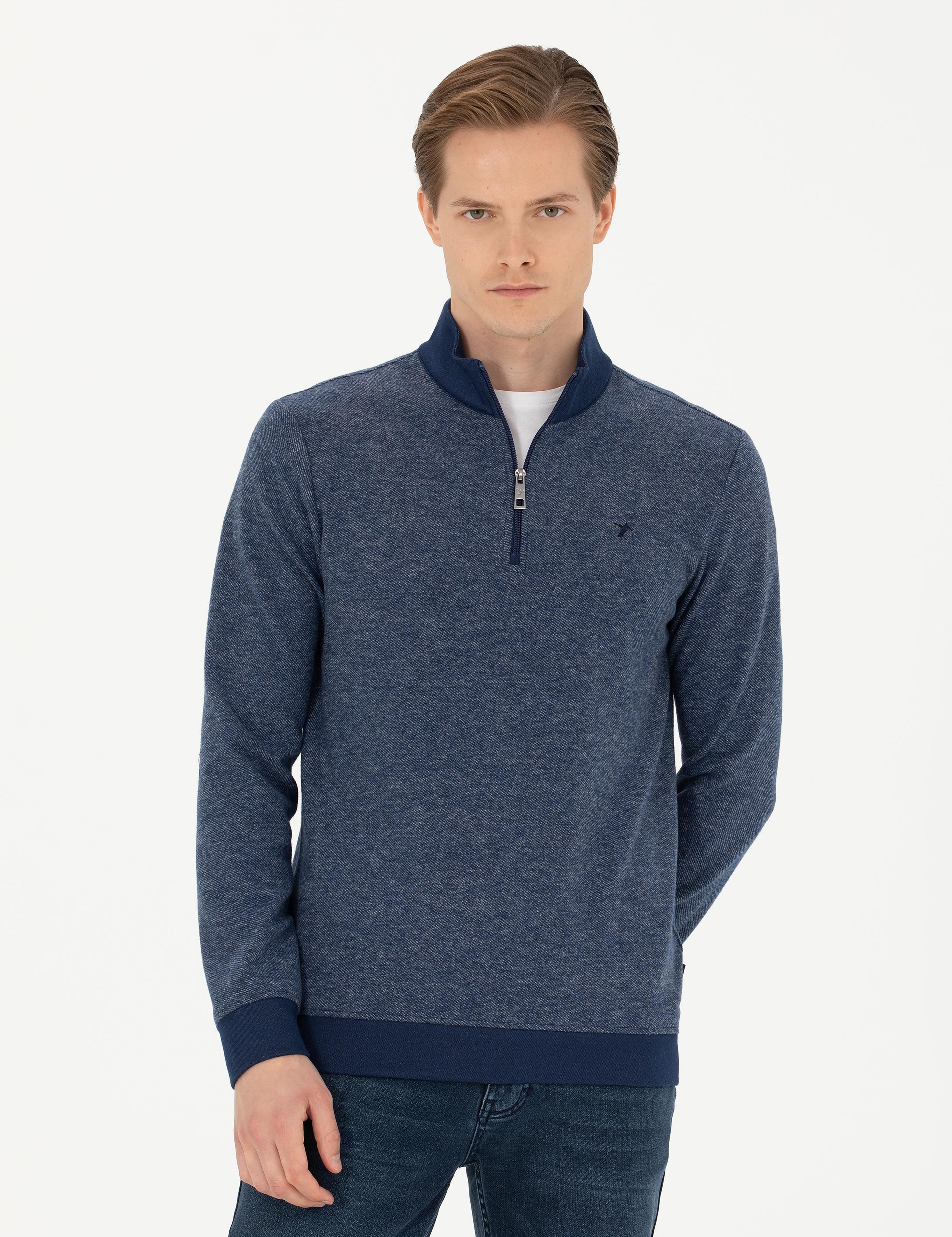 Lacivert Slim Fit Pamuk Karışımlı Yarım Fermuarlı Sweatshirt - 50275568041