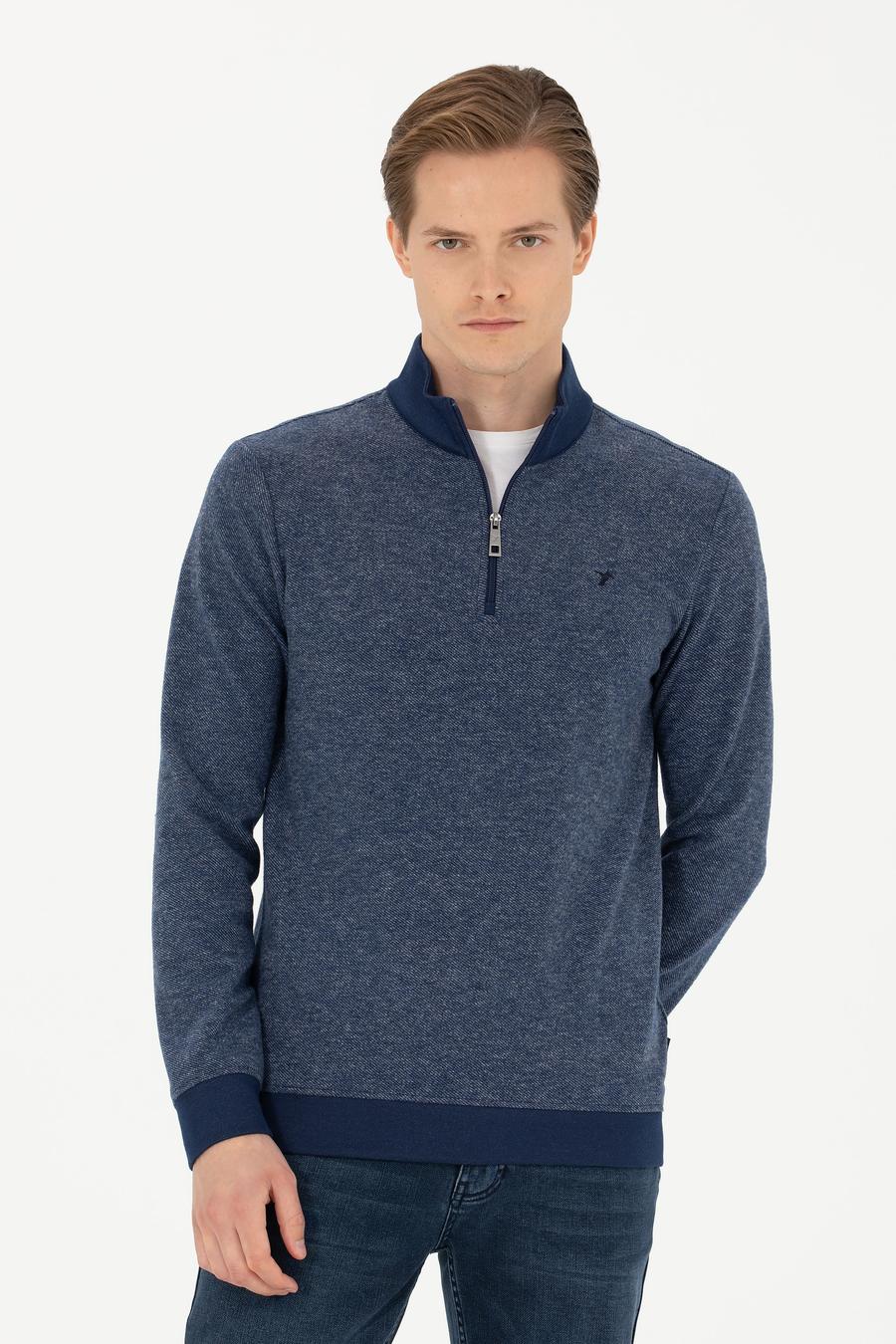 Lacivert Slim Fit Pamuk Karışımlı Yarım Fermuarlı Sweatshirt - 50275568041