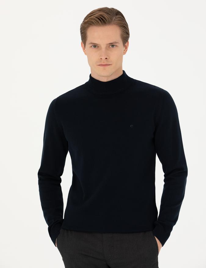 Lacivert Slim Fit Yarım Balıkçı Basic Triko Kazak
