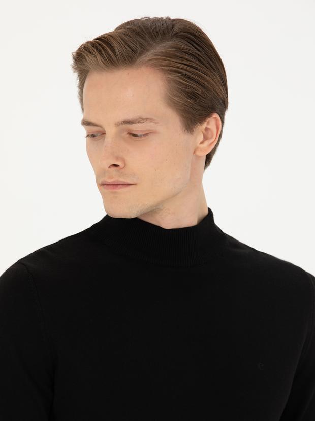 Siyah Slim Fit Yarım Balıkçı Basic Triko Kazak