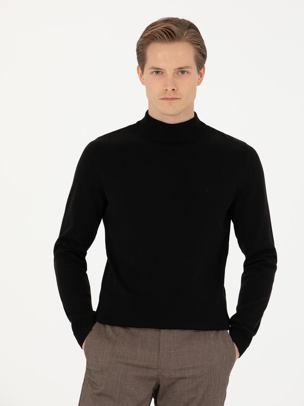 Siyah Slim Fit Yarım Balıkçı Basic Triko Kazak