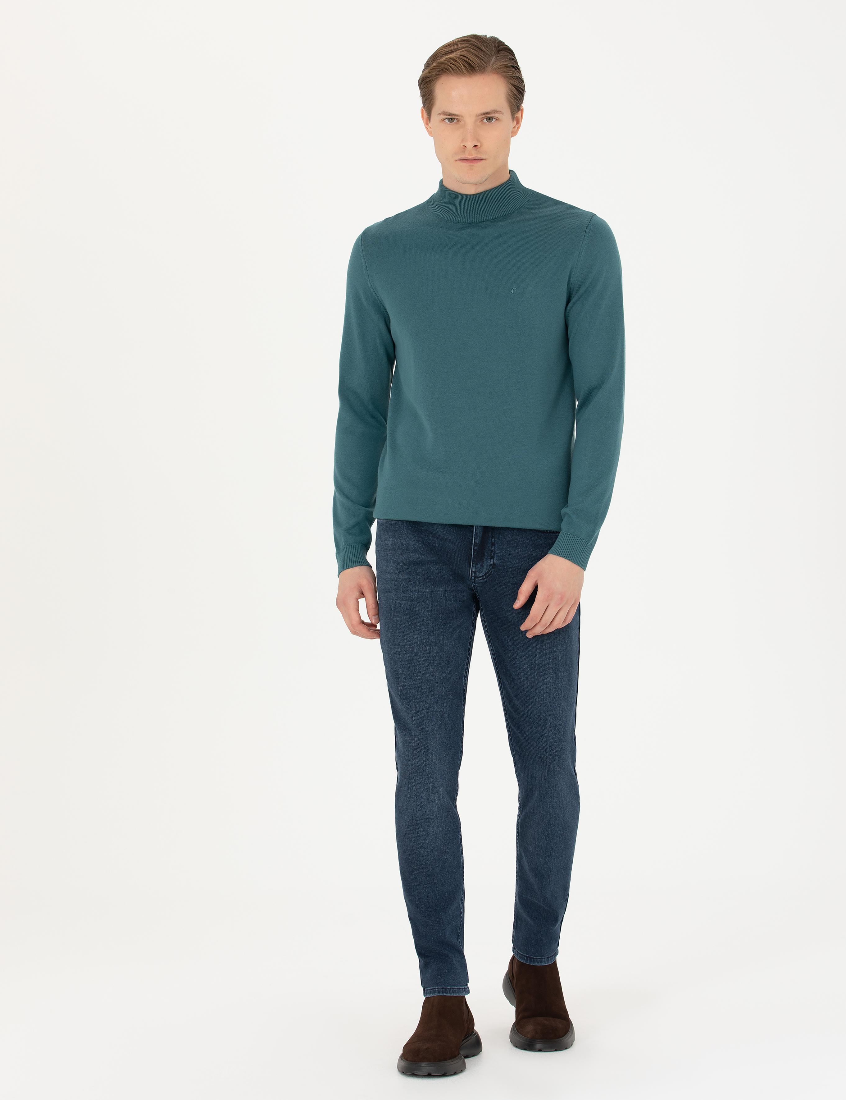 Petrol Slim Fit Yarım Balıkçı Basic Triko Kazak - 50270170113