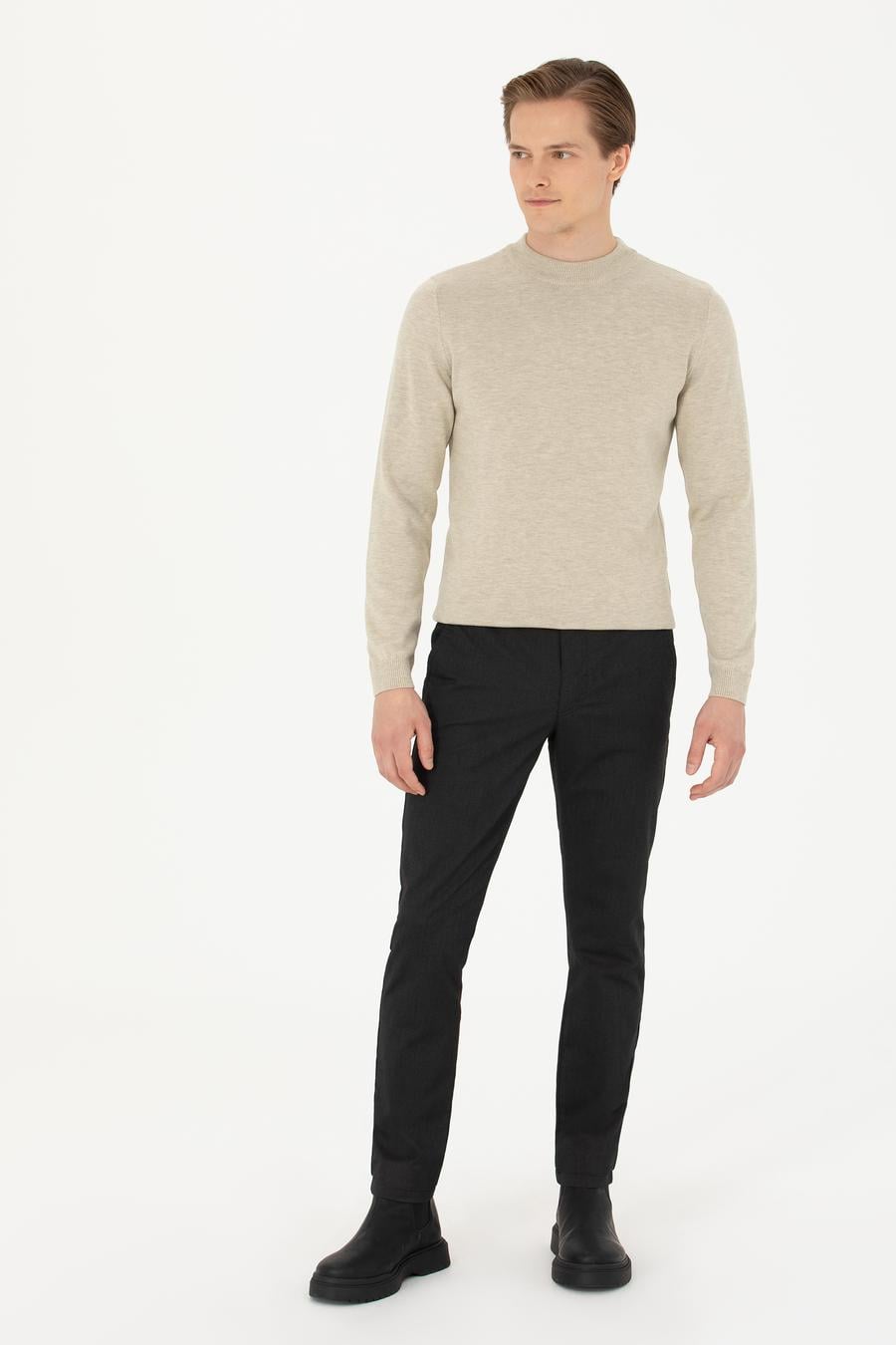 Bej Regular Fit Çeyrek Balıkçı Yaka Basic Triko Kazak - 50274701008