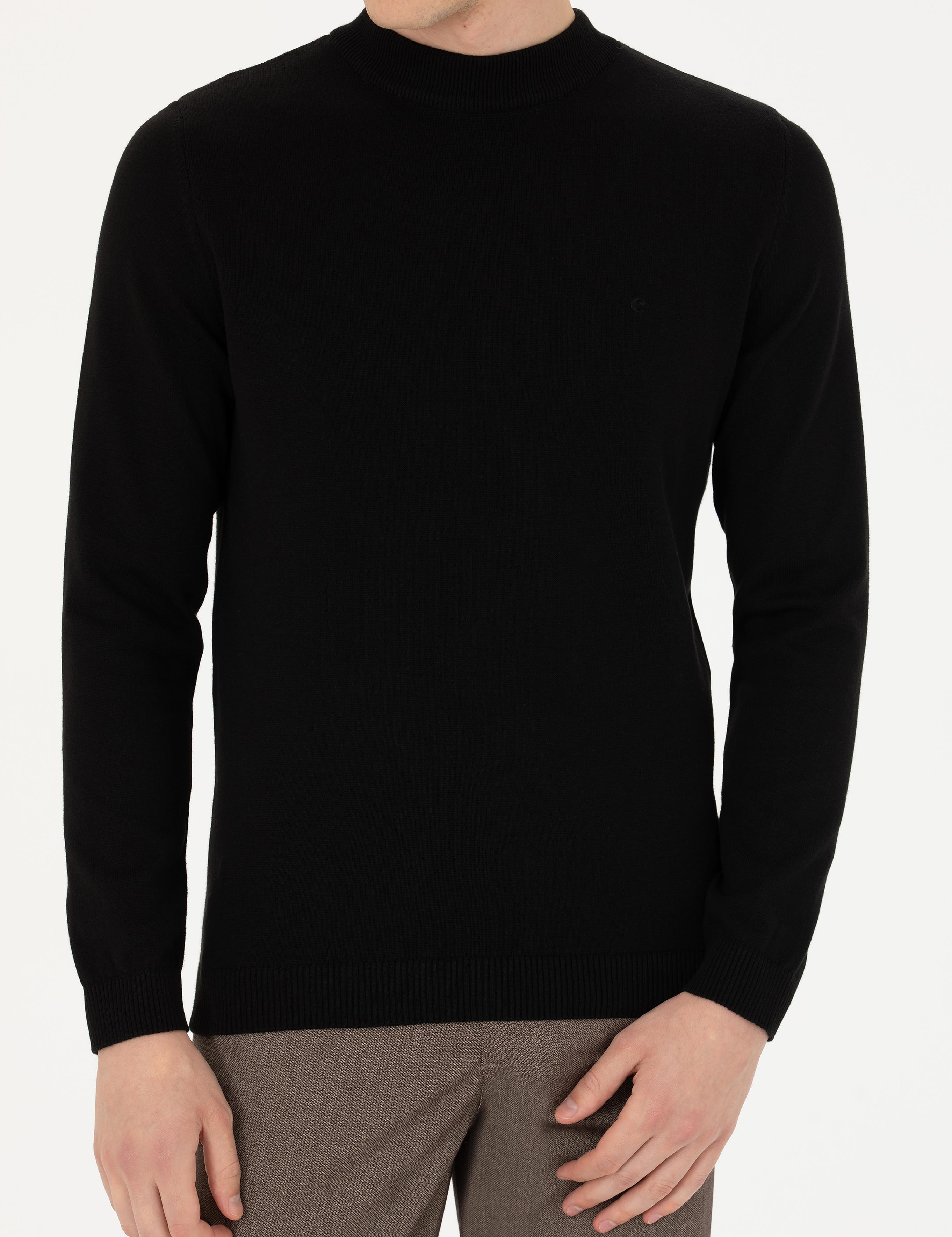 Siyah Regular Fit Çeyrek Balıkçı Yaka Basic Triko Kazak - 50274701041