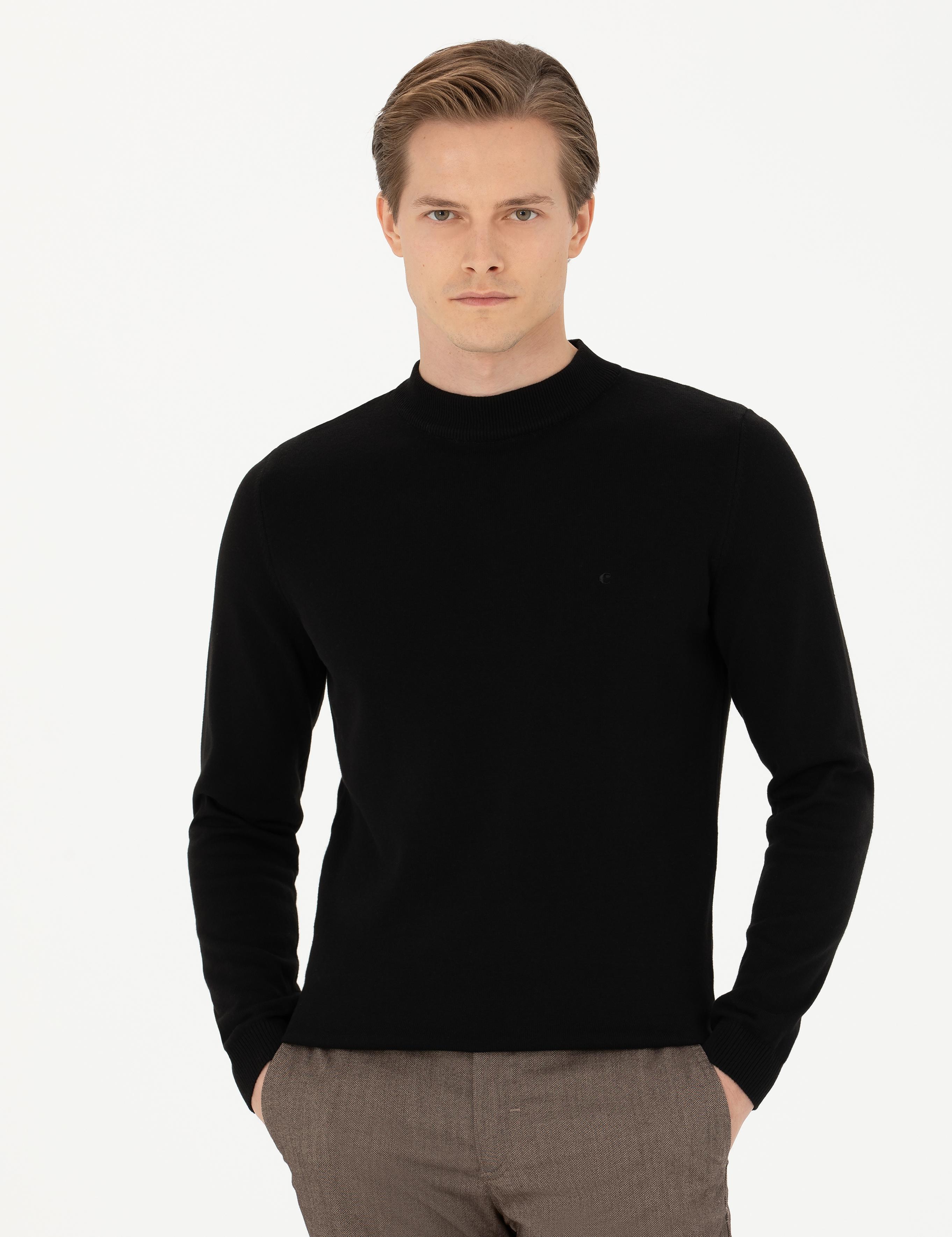 Siyah Regular Fit Çeyrek Balıkçı Yaka Basic Triko Kazak - 50274701041