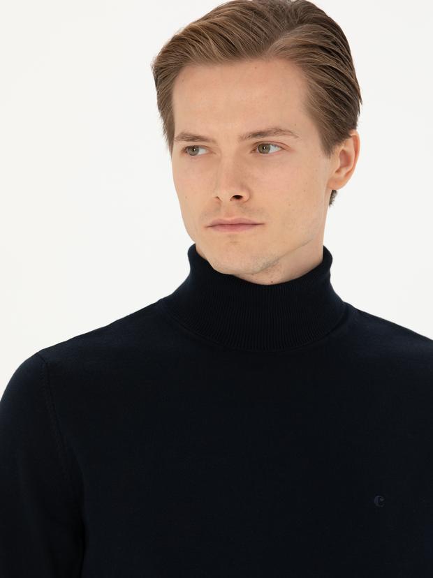 Lacivert Slim Fit Balıkçı Yaka Basic Triko Kazak