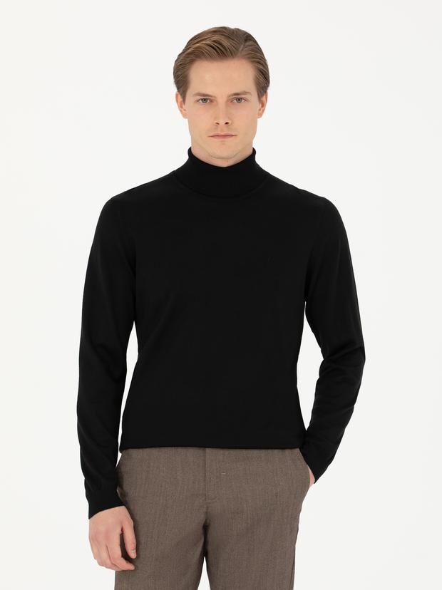 Siyah Slim Fit Balıkçı Yaka Triko Kazak