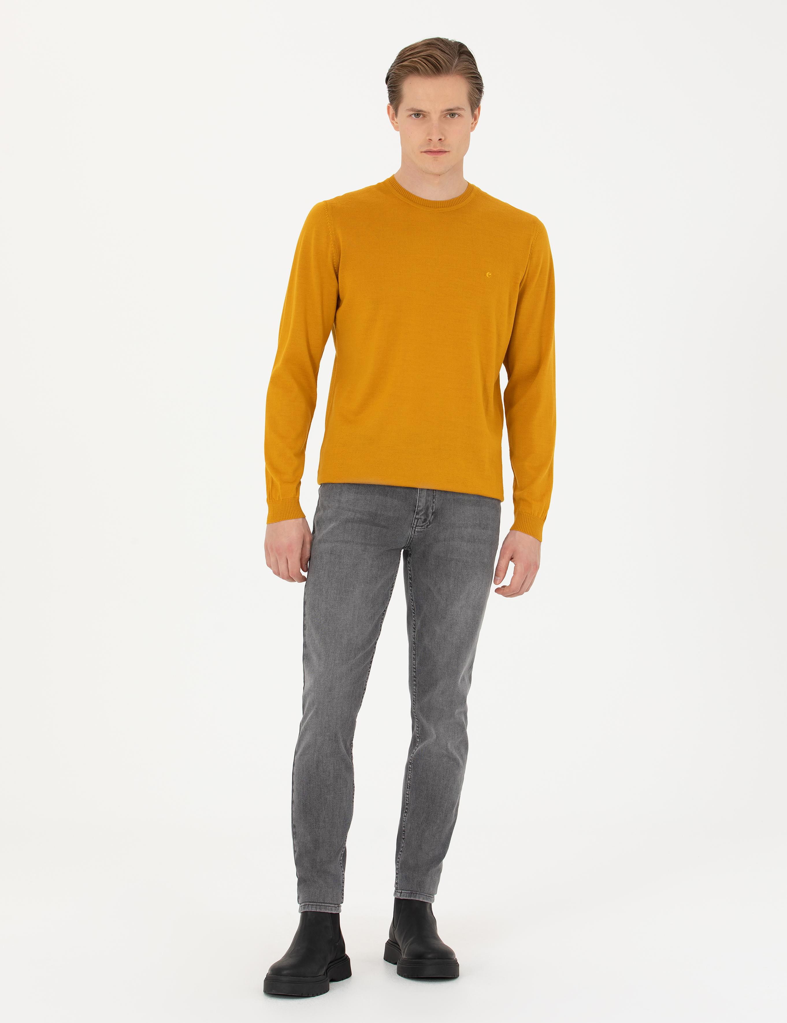 Sarı Slim Fit Bisiklet Yaka Triko Kazak - 50270174115