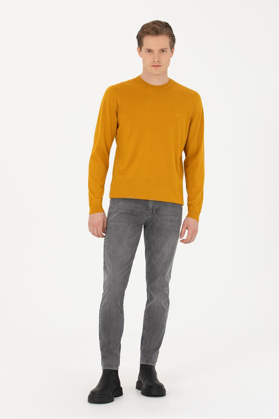 Sarı Slim Fit Bisiklet Yaka Triko Kazak - 50270174115