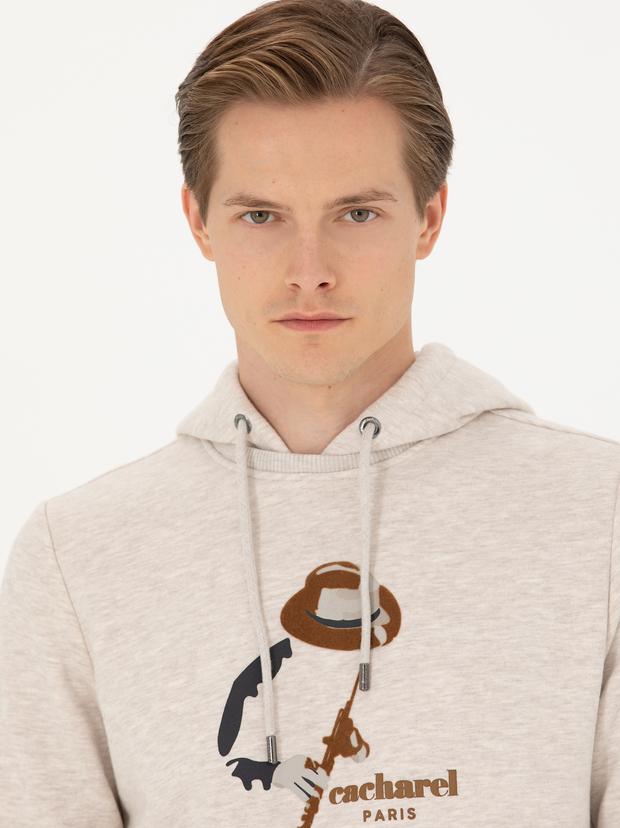 Bej Melanj Regular Fit Pamuk Karışımlı Kapüşonlu Sweatshirt