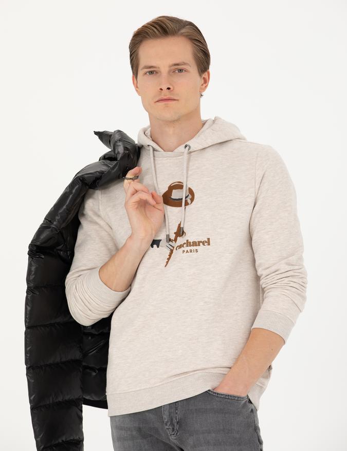 Bej Melanj Regular Fit Pamuk Karışımlı Kapüşonlu Sweatshirt