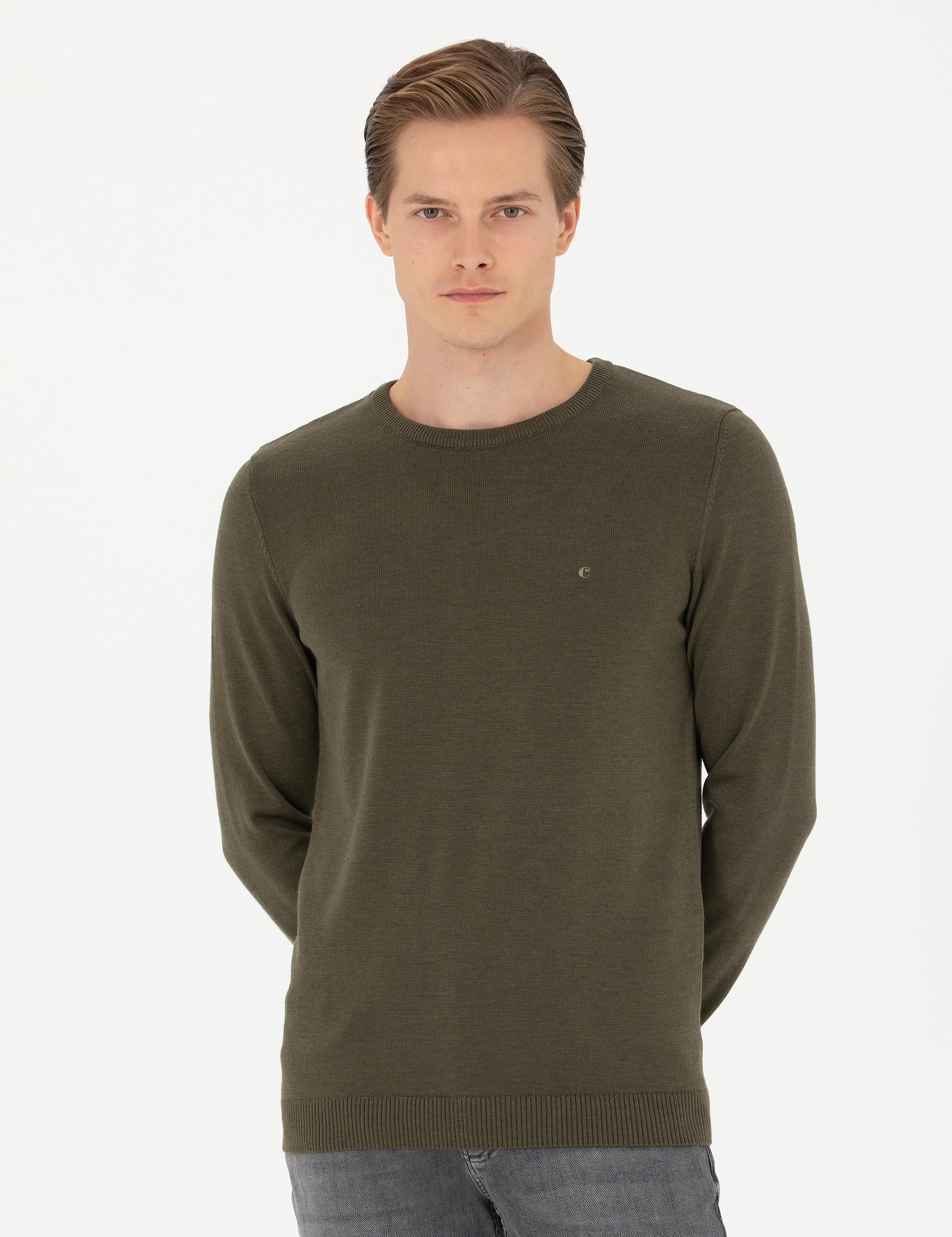 Haki Slim Fit Pamuk Karışımlı Bisiklet Yaka Basic Triko Kazak - 50270175053
